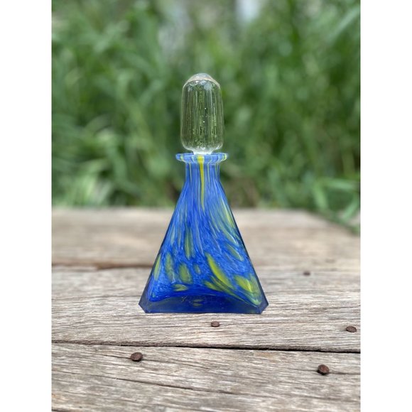 Vintage 1960s MCM Art Glass Petite Decanter Blue Yellow Swirl - Picture 1 of 16